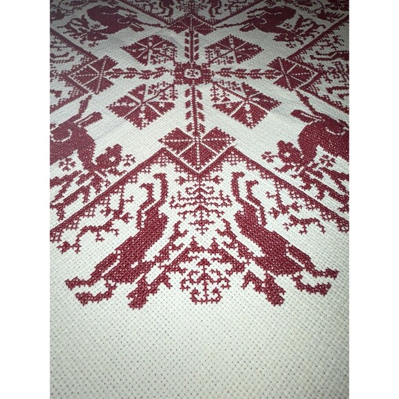 Vintage Christmas Tablecloth Nordic Red Cross Stitch 116x65” Cream Holiday Folk - Picture 4 of 16